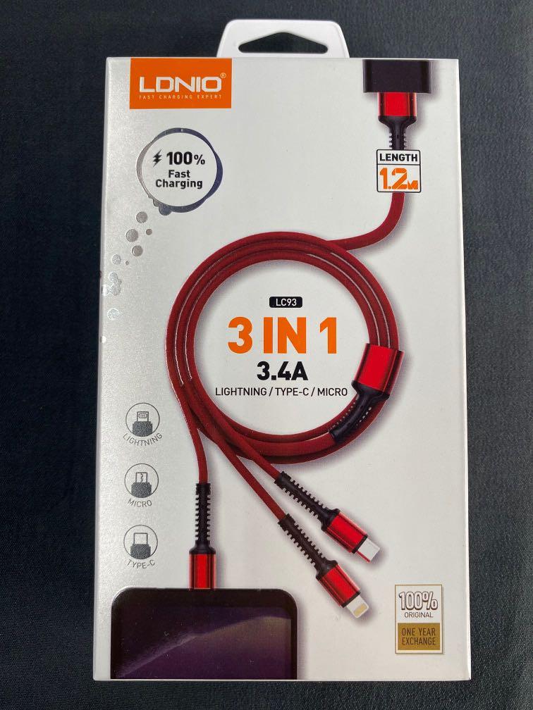 LDNIO 3.4A 3 EN 1 Câble de charge rapide avec une longueur de câble de 1,2 M