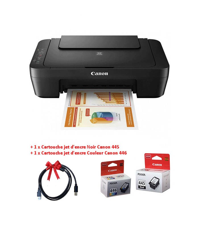 Une imprimante Canon avec une feuille imprimée sortant, accompagnée de cartouches d'encre noires et couleur, et d'un câble USB.